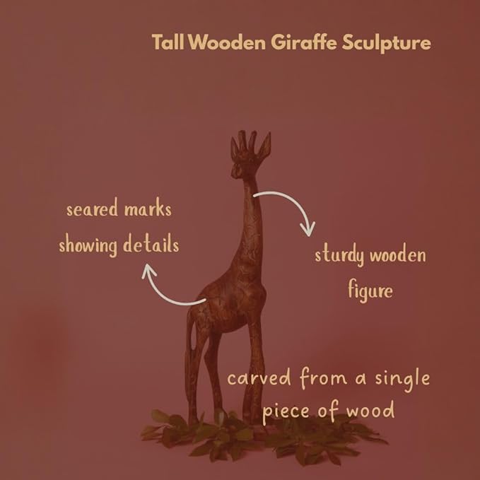 Tall Wood Giraffe Sculpture, Statues, Animal Figurines, Home Decor Accents, Living Room, Office, Desk, Coffee Table, Book Shelf, Hand Carved, African, Brown