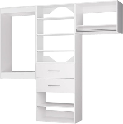 ROOMTEC Modular Closet System, 96" Wall Mounted Modern Closet Organizer with Hanging Rods and Drawers, Wooden Tower for Walk-In Closets, Wardrobe Storage Kit, White