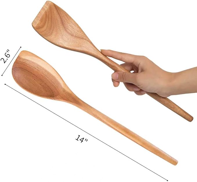 MornHalo 2PCS Acacia Wooden Spoons For Cooking-14 Inch Smooth Finish Cooking Spoons-Comfortable Grip Wood Spoons for Cooking - Non-Stick Cooking Utensils (Corner spoon + Cooking Spatula)
