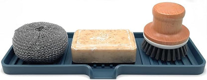 Happitasa Silicone Soap Dish Tray and Sponge Holder with Drain Chute | Bathroom and Kitchen Sink Organizer Caddy (Smoky Blue, 12"x4", 7.4 Ounces)
