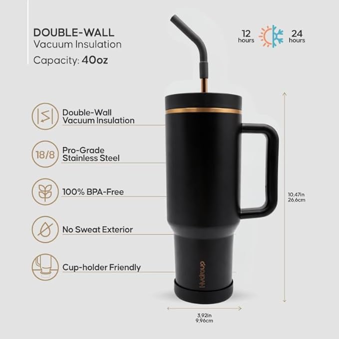 40oz Travel Tumbler Cup with Handle, Two-Way Slider Lid, Stainless Steel Straw with Silicone Tip, Vacuum Insulated Water Bottle for Hot & Cold Drinks, Great Gifts for Mom (Black Gold)