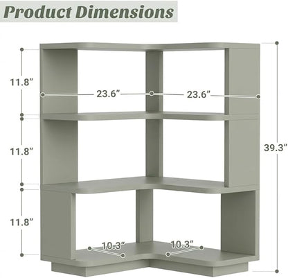 Armocity Corner Book Shelf - 4 Tier Corner Bookshelf Etagere Bookcase with Baffle, Freestanding L Shaped Display Shelf Stand for Home Office, Living Room, Bedroom, Kitchen, Crab Green