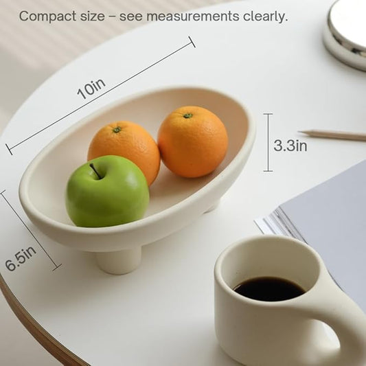 WENSHUO Three-Legs Ceramic Fruit Bowl for Kitchen Counter, Decorative Bowl for Table Décor, 10-inch Oval Large Bowls for Breads (Matte Crème)
