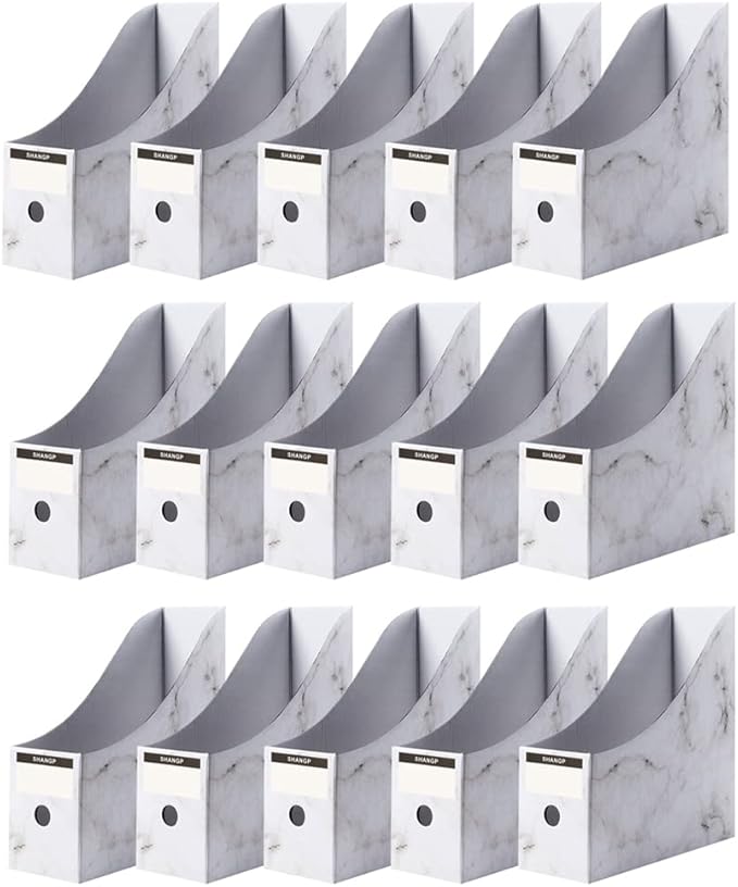 Foldable Desk File Holder Organizer Sturdy Cardboard Magazine Storage Box Document Rack with Blank Label Stickers for Home School Office (15, Marble)