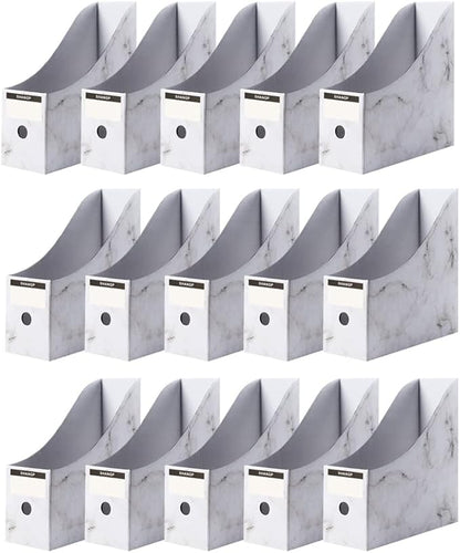 Foldable Desk File Holder Organizer Sturdy Cardboard Magazine Storage Box Document Rack with Blank Label Stickers for Home School Office (15, Marble)