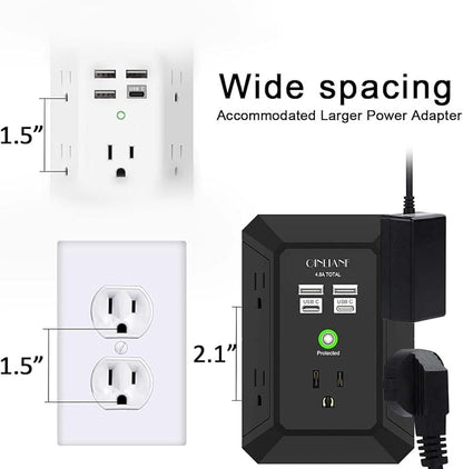 USB Wall Charger, Surge Protector, QINLIANF 5 Outlet Extender with 4 USB Charging Ports (4.8A Total) 3-Sided 1680J Power Strip Multi Plug Outlets Wall Adapter Spaced for Home Travel Office(2U2C),Black