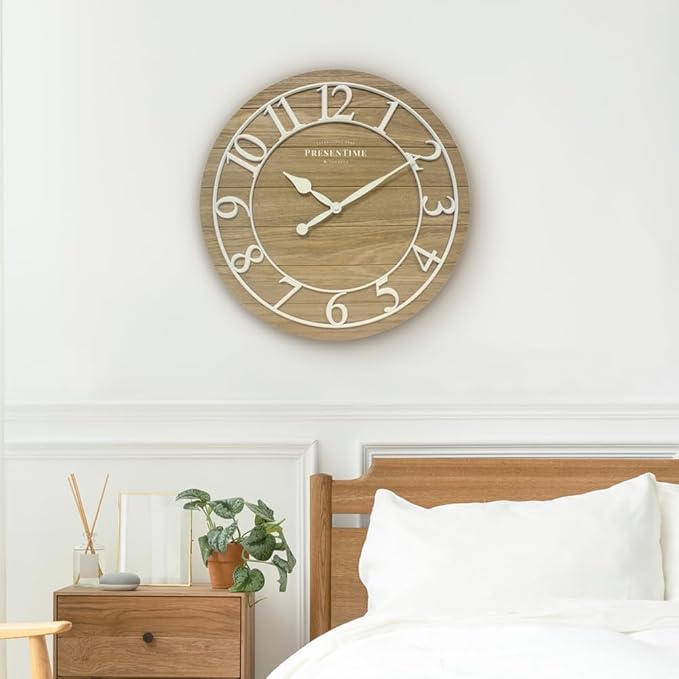Presentime & Co Classic Farmhouse Shiplap Clock, 19.5 inch, White Arabic Numerals with Ash Wood Shiplap Style. Large Farmhouse Decor for Living Room, Entryway, Home Office, Wall Décor