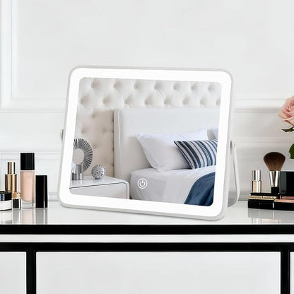 YEKKOPT Portable Desk Vanity Mirror with Lights,10"×12" Small Rechargeable Makeup Mirror with Lights,Smart Touch Screen with 3-Color Lighting,Dimmable,for Dorm Tabletop,Bedroom,Decor
