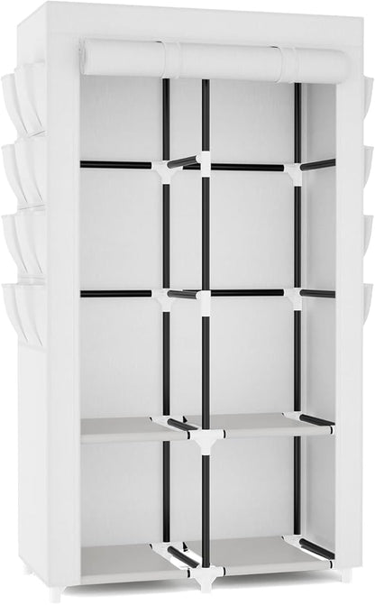 Portable Closet for Hanging Clothes, Portable Wardrobe Closet with Cover, 4 Storage Shelves, 2 Hanging Rods and 8 Side Pockets, Easy Assembly and Sturdy Free Standing Closet for Bedroom, White