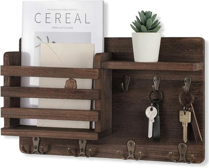 Nekon Mail Holder for Wall Mail Organizer with Key Hooks Hallway Farmhouse Decor Storage Racks with Floating Shelf and Flush Mount Hardware (16.8Inch x 10Inch x 3.2Inch)