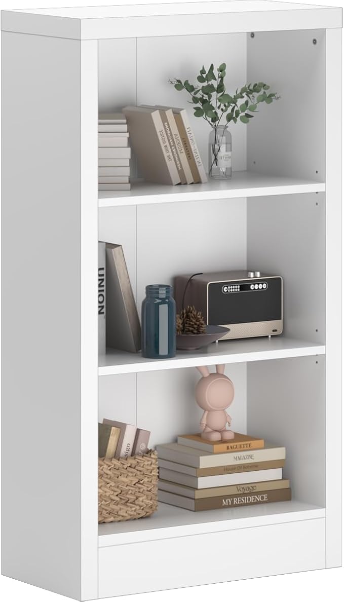 furtble Narrow 3-Tier Bookshelf, 23.6 Inch Wide Storage Shelf - Space Saving Floor Standing Bookcase for Small Spaces, Home Office, Bedroom, Easy to Assemble with Thick Wood, White