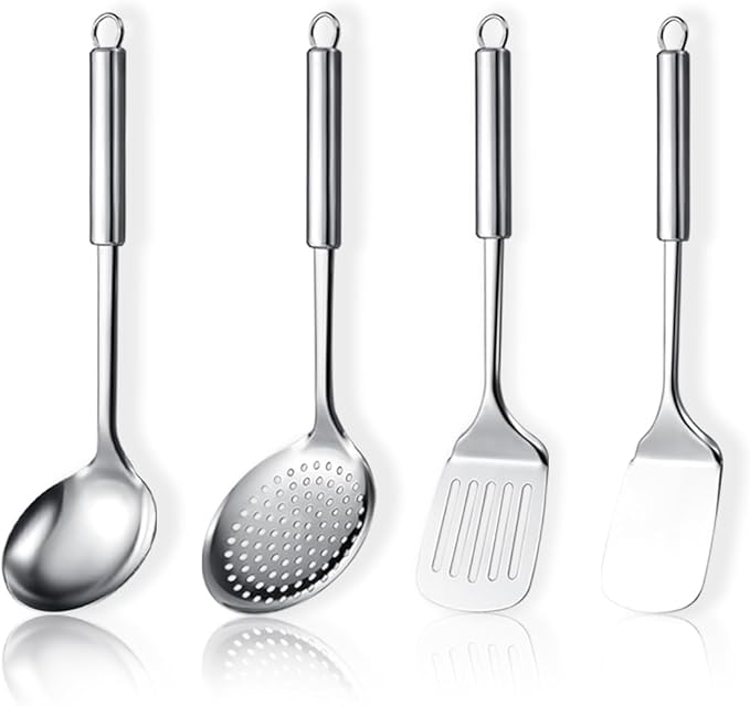 ReaNea Stainless Steel Cooking Utensils Set 4 Pieces, Kitchen Tools Set Include Metal Spatula Set, Kitchen Skimmer, Soup Ladle, Kitchen Gadgets Essentials New Home Must Have