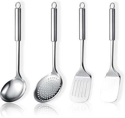 ReaNea Stainless Steel Cooking Utensils Set 4 Pieces, Kitchen Tools Set Include Metal Spatula Set, Kitchen Skimmer, Soup Ladle, Kitchen Gadgets Essentials New Home Must Have