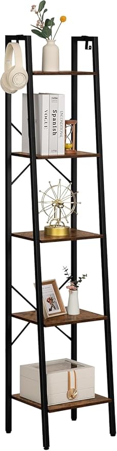 Ladder Shelf, Bookshelf Bookcase, Freestanding Corner Storage Shelve with 2 Hooks for Home Office, Living Room, Kitchen, Bedroom, Industrial, 11.8" D x 13.4" W x 63" H, Rustic Brown BC03201B