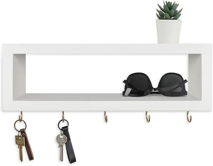 Wall Shelf with Hooks - Decorative Key and Wallet Holder for Wall Holds Sunglasses, Leashes, Scarves and Lanyards - 15.7" x 5.1" x 2.9" Entryway Organizer Made of Paulownia Wood (White)