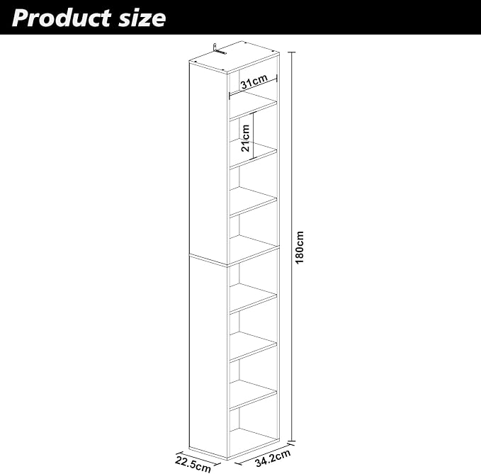Panana 8 Tier Storage Shelf Bookcase, Slim Organizer Shelves Cabinet Tall Narrow Media Tower Rack Display Bookshelf for Home Office (Black)