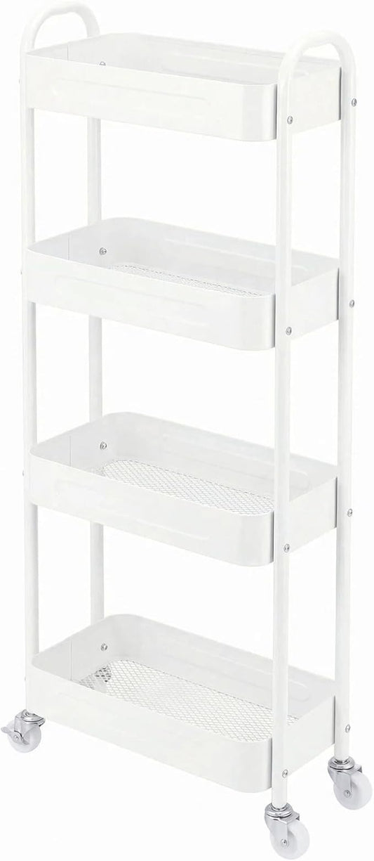 4 Tier Slim Kitchen Storage Cart for Narrow Space, 7.1'' Wide Metal Rolling cart with Wheels and Lockable Casters, Sturdy Mobile Thin Shelf for Laundry Room Between Washer and Dryer, White