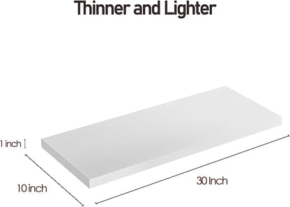 JPND Wall Shelf Set of 2, White Floating Shelves 30 in W x 10 in D x 1 in H, Wooden Floating Wall Shelf with Invisible Brackets for Living Room/Bedroom/Bathroom/Kitchen Storage and Decor