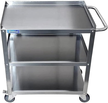 Commercial Stainless Steel 3-Shelf Utility Kitchen Cart – 28" x 18" x 33" | Rolling Metal Storage Cart with Casters for Restaurant, Kitchen, Garage