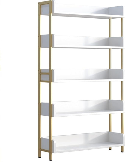 Wide Open Shelf Bookcase - Modern 5-Tier Freestanding Display Bookshelf with Three-Side Panels for Home and Office, Storage Shelving in Warm White with Gold Frame