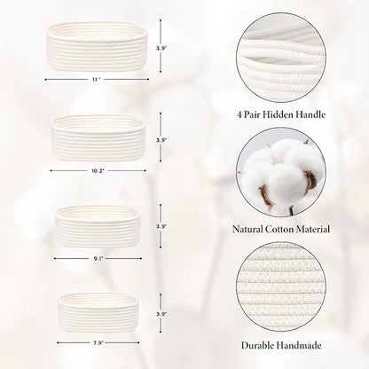 Storage Baskets for Organizing, Small Woven Basket Set of 4 - Cotton Rope Baskets for Shelves, Organizer Baskets are Ideal for Nursery, Bedroom, as Gift Basket Empty for Baby Shower, Festival