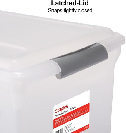 STAPLES Store & Slide Plastic File Box Latching, Letter/Legal Size, Clear, 2/Pack