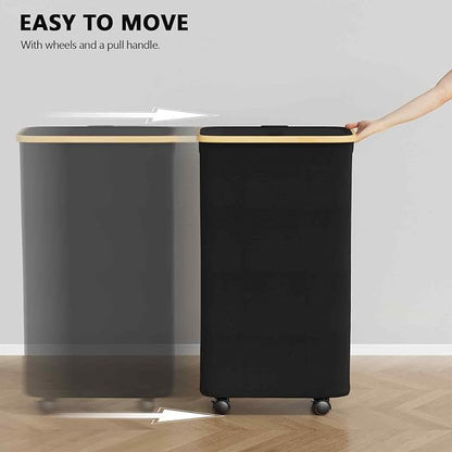 SpaceAid Slim Laundry Hamper with Wheels and Lid,62L Rolling Narrow Clothes Basket with Bamboo Handle, Large Laundry Hamper for Bedroom, Bathroom, Dorm, Laundry Room - Black