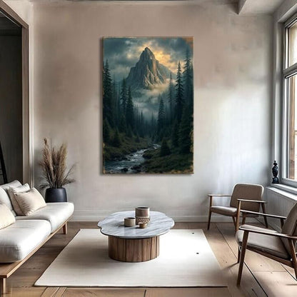 TAILORED CANVASES Sanctuary of the Peak Wall Art Mountain Landscape Featuring Misty Mountain Scene, Black and White Mountain with River, Nature Canvas Decor for Living Room Bedroom Office 24x36
