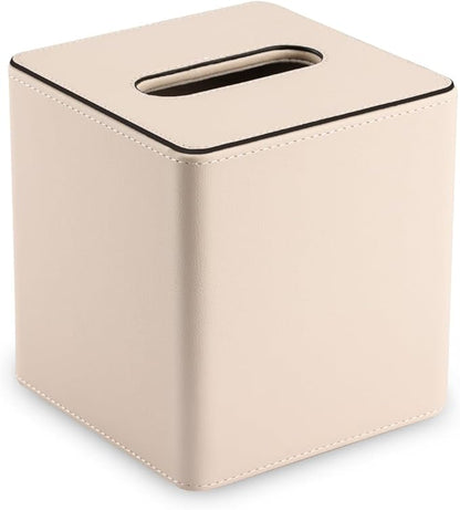 KINGFOM Leather Tissue Box Cover – Square Modern PU Leather Tissue Holder, Cube Tissue Dispenser for Home, Office, Bedroom, Bathroom – Elegant Minimalist Style (Beige-Square)