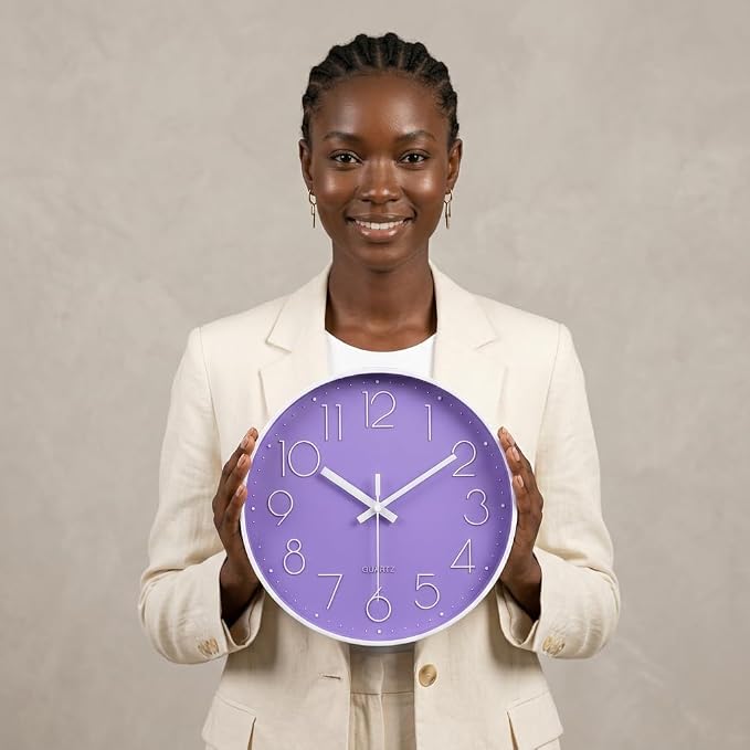 jomparis Purple Wall Clock 12 Inches Silent Quartz Wall Clock Lavender Decor for Girls Bedroom, Nursery