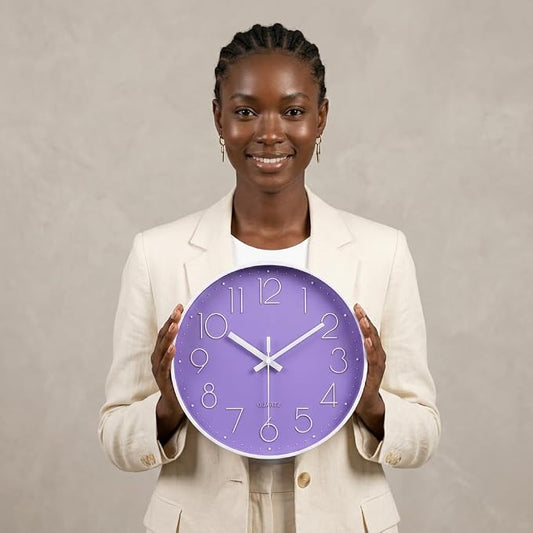 jomparis Purple Wall Clock 12 Inches Silent Quartz Wall Clock Lavender Decor for Girls Bedroom, Nursery