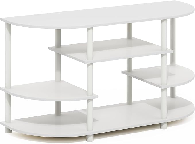 Furinno Jaya TV Stand, 4-Tier Toolless Assembly Corner Entertainment Center with Round Edges, TV Console for TV up to 44 Inch, Open Shelf Design, for Living Room, Bedroom, White