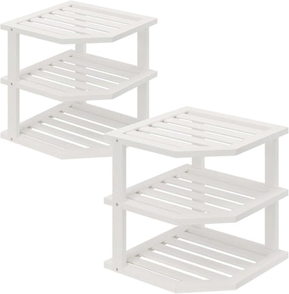 3 Tier Bamboo Corner Shelf(2 Pack),Dish Drying Rack,Plate Organizer,Kitchen Spice Rack for Countertop and Cabinet(White)