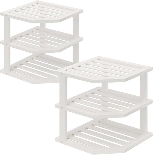 3 Tier Bamboo Corner Shelf(2 Pack),Dish Drying Rack,Plate Organizer,Kitchen Spice Rack for Countertop and Cabinet(White)
