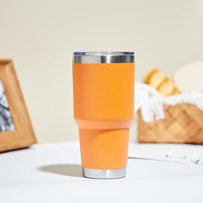 MEWAY 30oz Insulated Tumbler With Lids and Straws,Stainless Steel Double Vacuum Coffee Tumbler Cup, Brush, Durable Powder Coated Coffee Cup for Cold & Hot Drinks, Office, Travel(Orange,8 PACK)