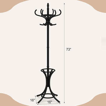 Giantex Solid Wood Coat Rack, Freestanding Hall Tree w/12 Hooks, Umbrella Holder, Entryway Hanger Stand for Coat, Hats, Scarves, Bags, Wooden Garment Rack for Bedroom, Hallway (Black)