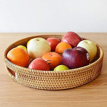 Round Rattan Serving Tray Decorative Woven Ottoman Trays with Handles for Coffee Table Natural (Small 11.8 inch x 2 inch)
