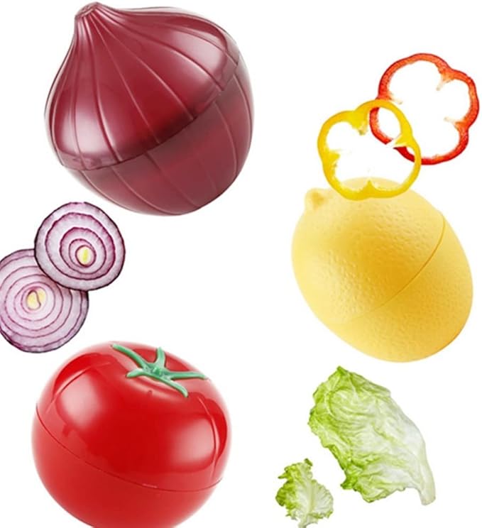 Onion, tomato, lemon, green pepper 4 PCS Vegetable and Fruit Storage Containers for Fridge,，Reusable SiliconeRefrigerator Box Storage Bowls Saver Holder Keeper