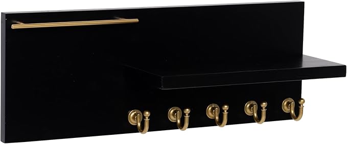 SANY DAYO HOME Real Wood Key Holder Rack Wall Mount 16 x 6 inches Black Entryway Shelf with 5 Gold Hooks, Metal Sunglass Bar, and Floating Board for Keychain, Purse