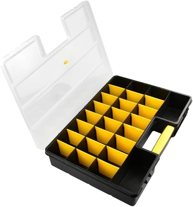 SE Adjustable 26-Compartment Plastic Storage Box - 18x12x3 Inch Organizer with Triple Lock, Translucent Lid, and Sturdy Handle - Ideal for Tools, Crafts, and Small Parts