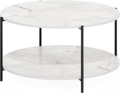 Furinno BESI Coffee Table, 2-Tier Round Modern Coffee Table with Metal Legs, Side Table with Open Shelf, for Living Room, Bedroom, Home Office, Marble White