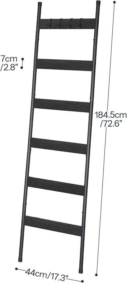 HOOBRO Blanket Ladder, 6-Tier Towel Rack with Hooks, Wall-Leaning Blanket Rack, Decorative Display Ladder Shelf, Scarves, Industrial, Living Room, Bedroom, Black BB66CJ01