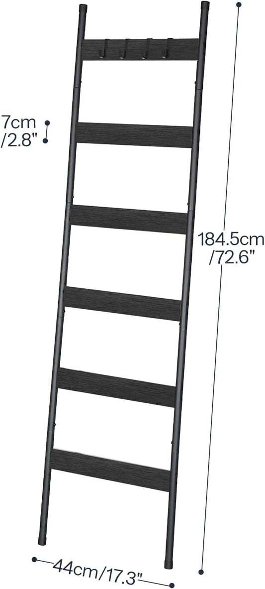 HOOBRO Blanket Ladder, 6-Tier Towel Rack with Hooks, Wall-Leaning Blanket Rack, Decorative Display Ladder Shelf, Scarves, Industrial, Living Room, Bedroom, Black BB66CJ01