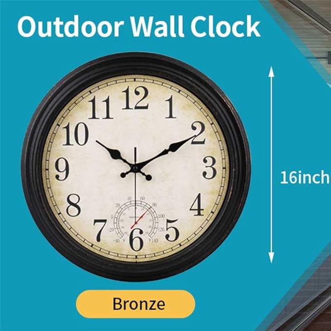 Wall Clock Vintage Style Inodor Outdoor Clock 16 Inch Large Wall Clocks Waterproof with Thermometer for Living Room Patio Pool Garden (Bronze)