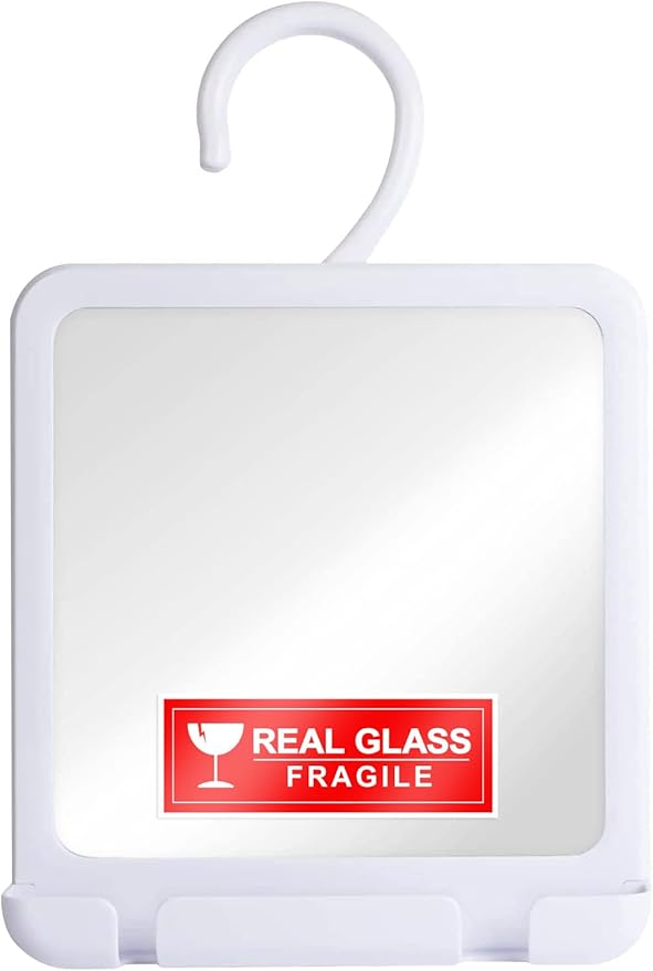 Real Glass Hanging Shower Mirror for Distortion-Free Shaving - Fogless Mirror with Razor Holder, 360° Adjustable Hook - Fill Back Reservoir with Hot Water for Anti-Fog Shave (8" x 7", White)