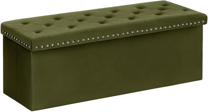 B FSOBEIIALEO Storage Ottoman Bench, Folding Tufted Ottomans with Storage, Extra Large 140L Storage Boxes Footrest Bench for Bedroom, Luxury Velvet Fabric 43 Inches Olive