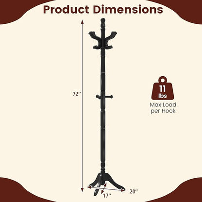 Giantex Solid Wood Coat Rack, Freestanding Hall Tree with 3 Adjustable Heights and 11 Hooks, Rubber Wood Frame, Entryway Hanger Stand, Wooden Garment Rack for Hallway, Living Room (Black)