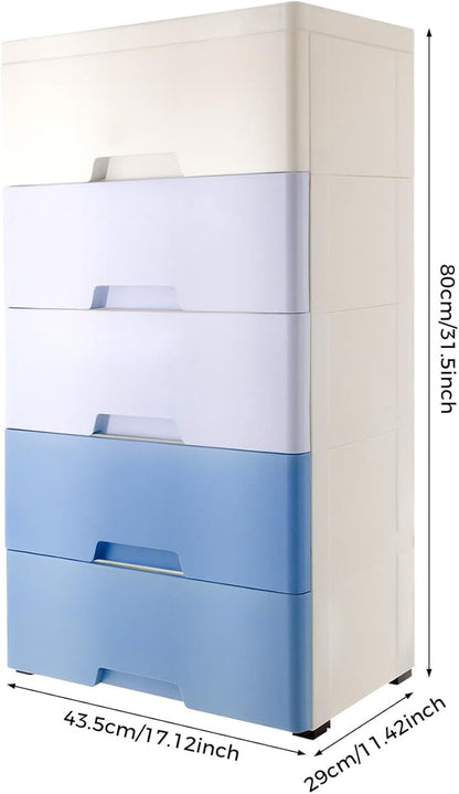 Plastic Dresser for Bedroom with 5 Drawers,Stackable Vertical Storage Tower, Small Dresser Chest of Drawers, Mobile Drawer Storage Cabinet with Wheels for Hallway Entryway,Bedroom Furniture (Blue)