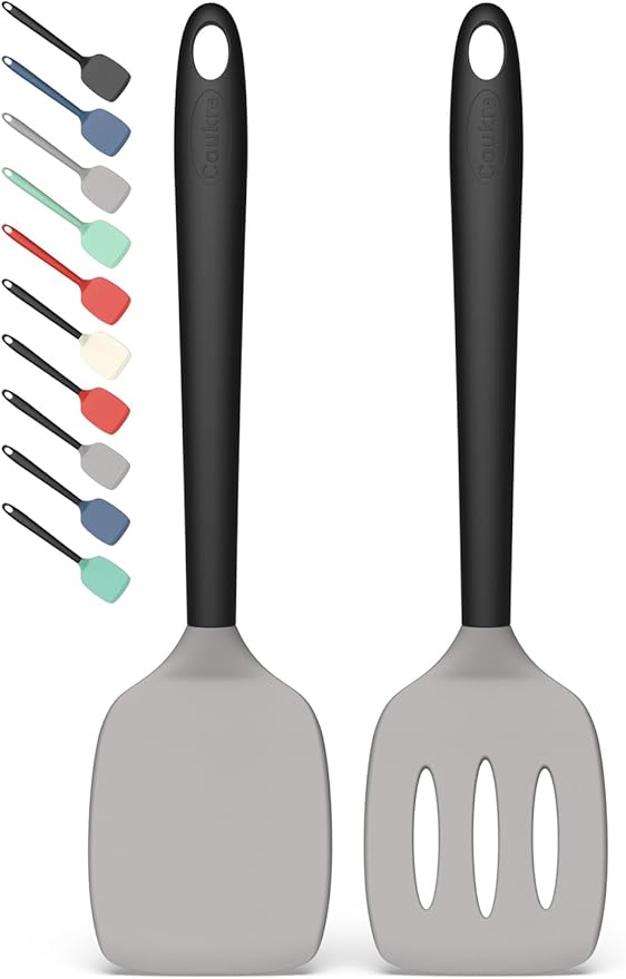Coukre 2 Pack Silicone Spatula Set, High Heat Resistant, BPA Free Kitchen Spatula, Solid & Slotted Turner for Non-Stick Pans, Sautéing, and Flipping (2, GrayBlack)