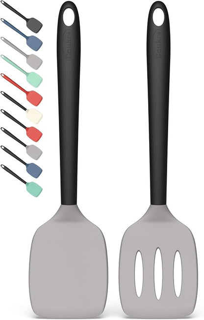 Coukre 2 Pack Silicone Spatula Set, High Heat Resistant, BPA Free Kitchen Spatula, Solid & Slotted Turner for Non-Stick Pans, Sautéing, and Flipping (2, GrayBlack)